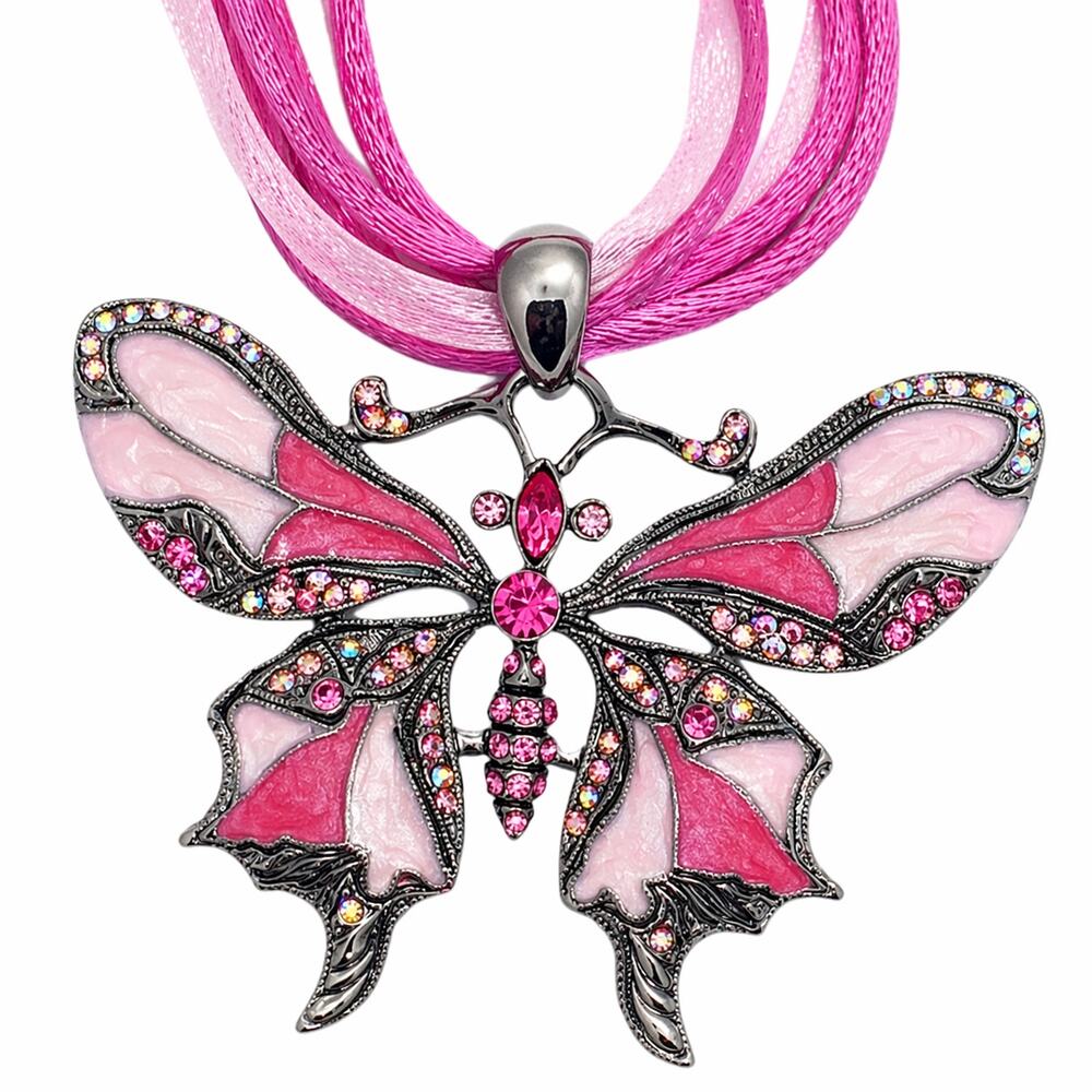 Pink Butterfly Rhinestone Necklace Multi Strand Enamel Statement
